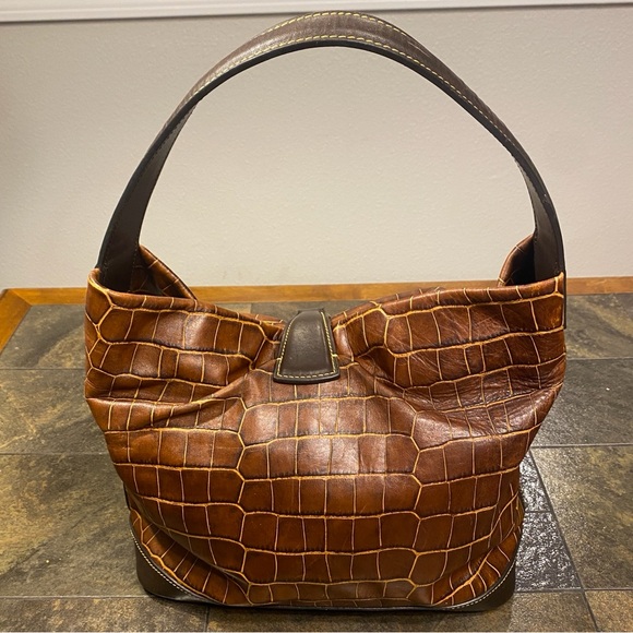 DOONEY & BOURKE Croc Embossed Brown Leather Logo Lock Hobo Shoulder Bag - Picture 8 of 15